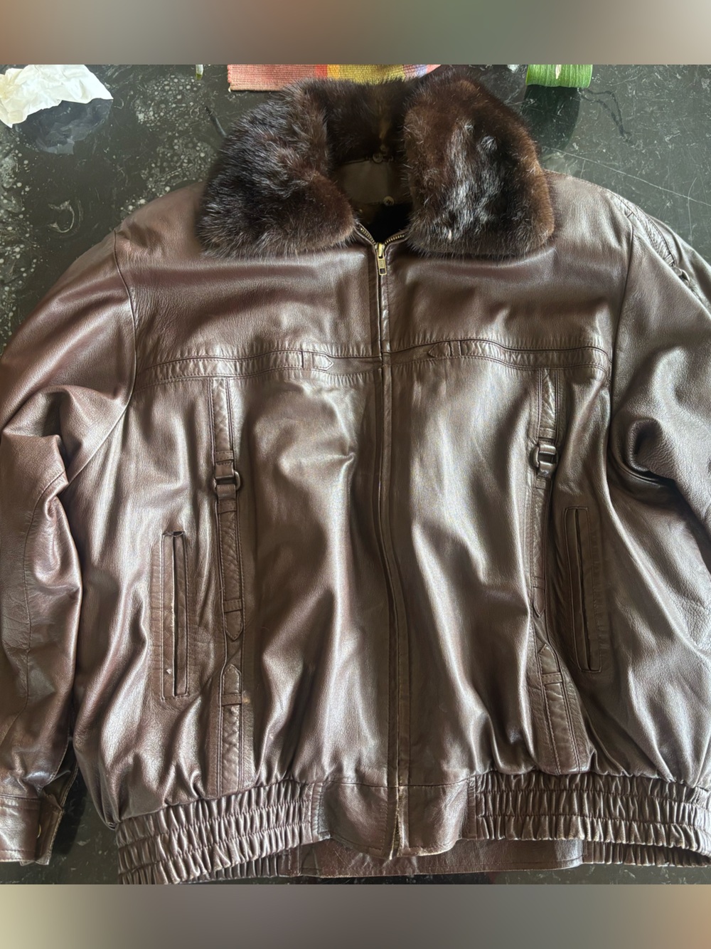 Vintage Men's Dark Brown Leather Bomber Jacket with Mink Fur Lining & Collar
